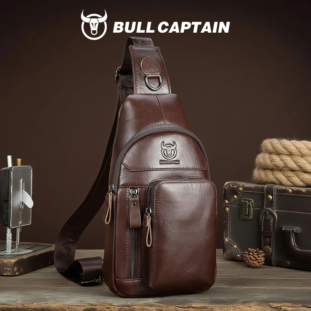 

Сумка-слинг BULLCAPTAIN из натуральной кожи для мужчин, винтажная нагрудная сумка, сумка через плечо, повседневный рюкзак для путешествий и походов