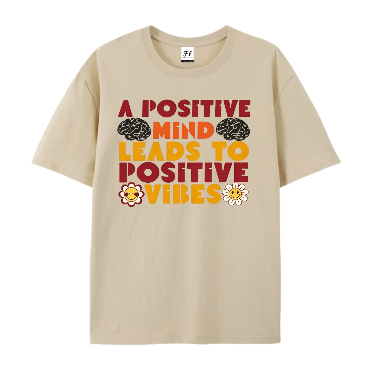 A Positive Mind Leads To Positive Vibes T-shirt Retro Groovy Text Brain Flower Smile Graphic Tee Men Women Short Sleeve Tees