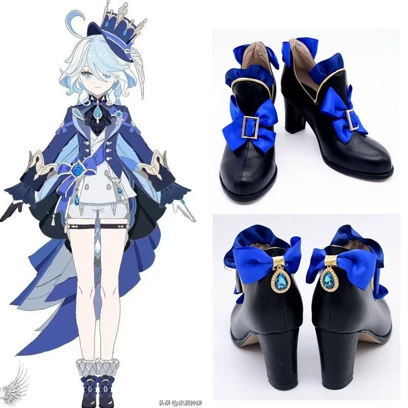 Black Furina Cosplay Shoes Focalors Cosplay Boots Role Play Game Shoes Heel 5cm Custom Size