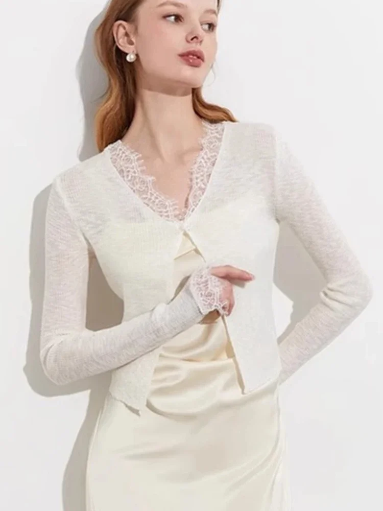 

Summer Thin Casual Solid Lady Sun-proof Cardigans Korean Long Sleeve Cardigan Lace Trim One Button Crop Top Women Knit Sweater