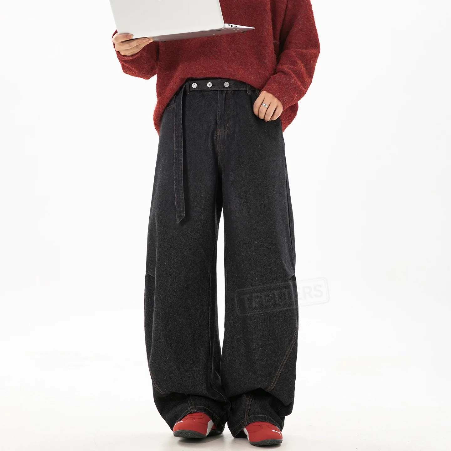 TFETTERS 2026 Autumn Vintage Raw Denim Wide Leg Jeans Men Curved Scimitar Silhouette Adjustable Button Waist Baggy Loose Pants