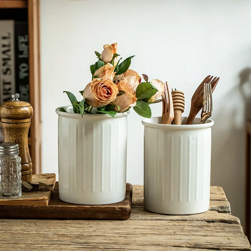 New Simple Embossed White Ceramic Chopsticks Holder Large Kitchen Utensil Storage Jar Decor