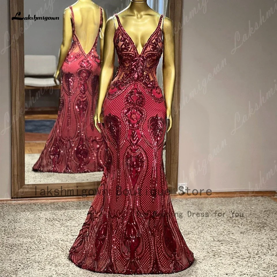 Lakshmigown Sparkly Burgundy Mermaid Evening Gowns for Women 2025 Special Occasion Backless Sexy Prom Party Dresses Open Back