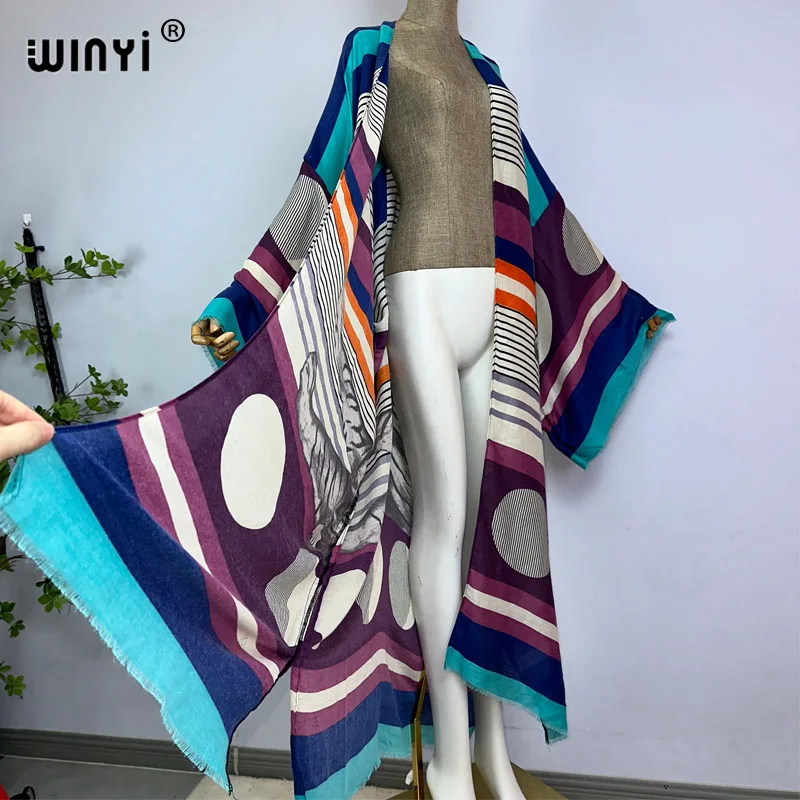 WINYI كيمونو صيف جديد طباعة بيكيني التستر ملابس الشاطئ أنيقة للنساء مثير الحرير الشعور vestidos الفقرة mujer ثوب رداء