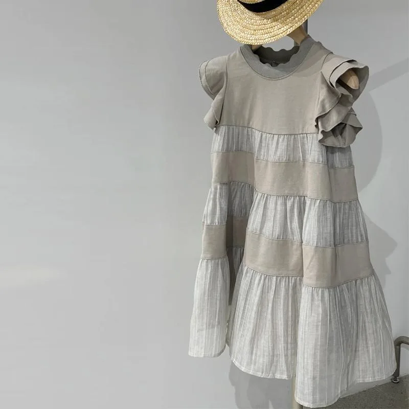 

2025 Girls Color Block Midi Dress Fashionable Flutter Sleeves Ruffle Hem Trendy Layered Dress for Juniors 4-16Y