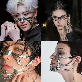 펑크 외계인 코스프레 기계 마스크, 턱 고딕 마스크, 금속 얼굴 착용, 할로윈 가장 무도회 파티 액세서리