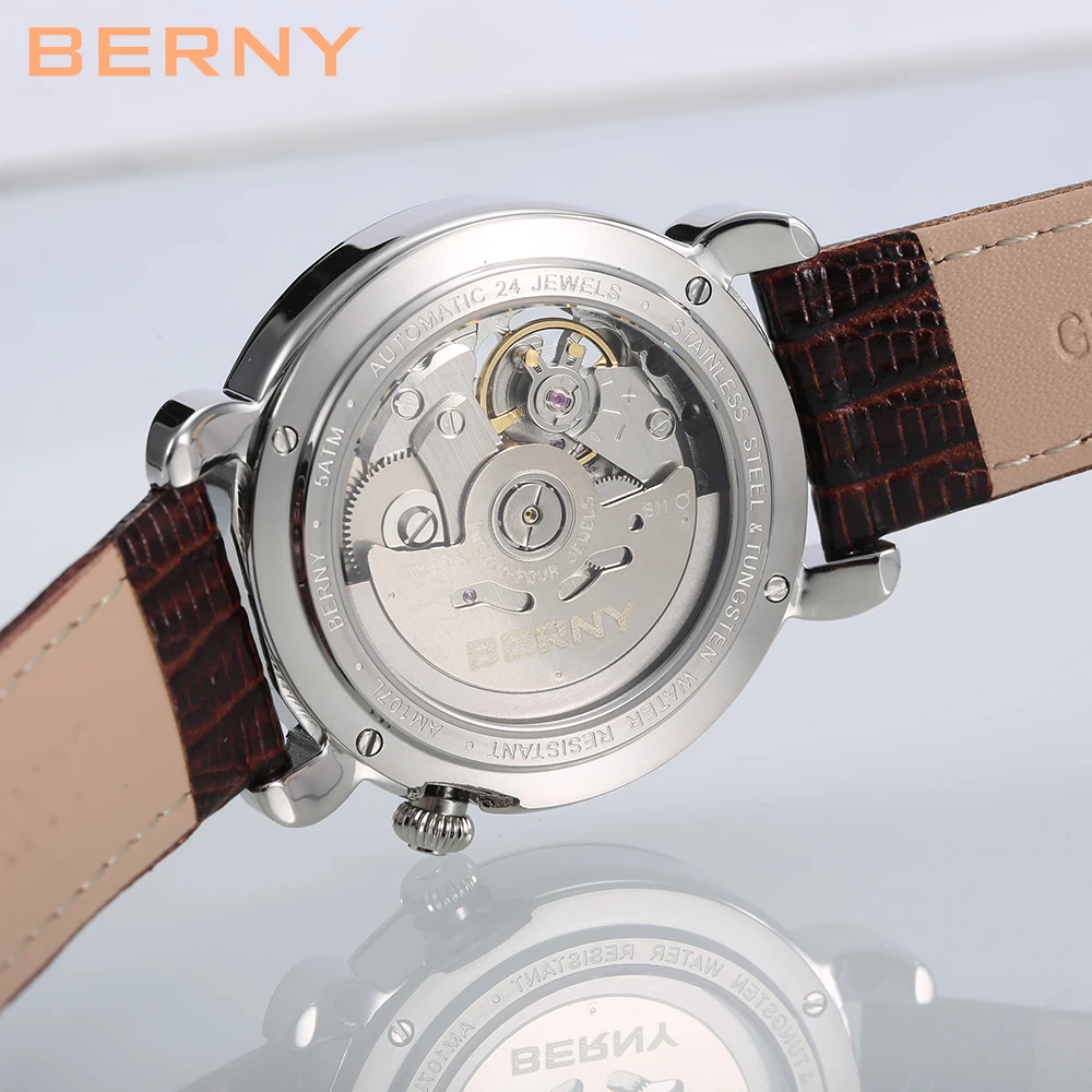 BERNY-reloj mecánico de acero de tungsteno para mujer, reloj de pulsera automático de cristal de zafiro, resistente al agua hasta 5atm, movimiento