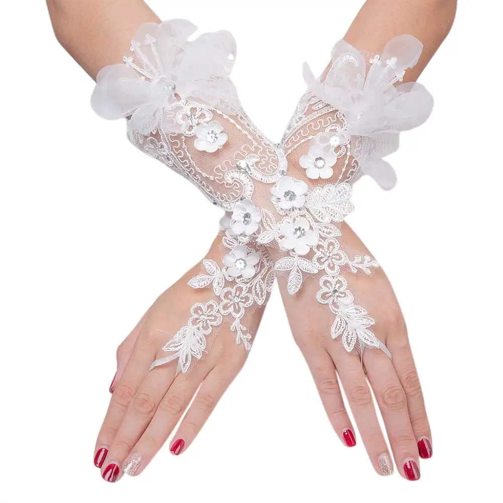 Crystal Women’s Wedding Gloves Fingerless Elbow Bridal Gloves Floral Ivory Long Gloves Wedding Accessory for Bride