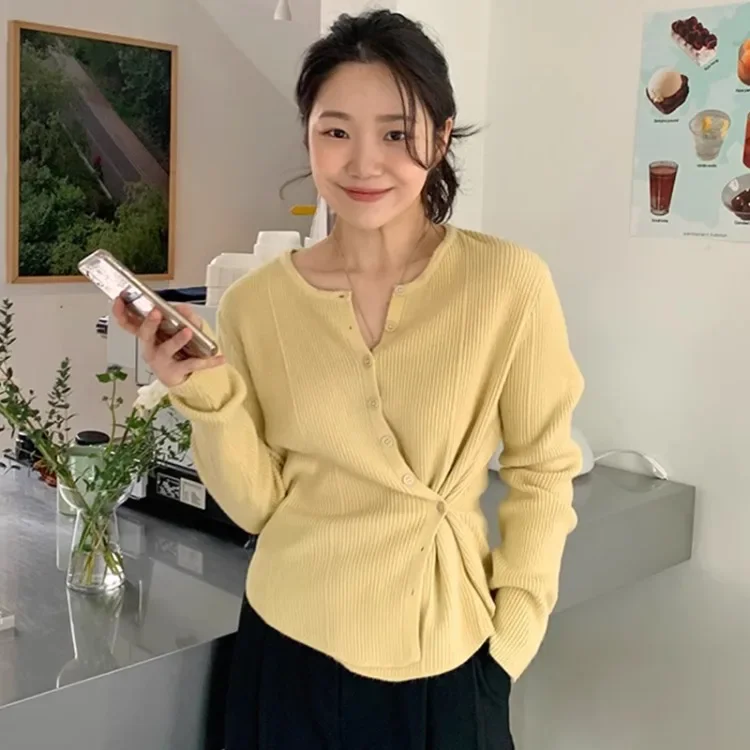 

Модный однобортный вязаный кардиган с круглым вырезом, осень 2023, новый свитер Mujer Y2k, свободные универсальные топы с длинными рукавами для женщин