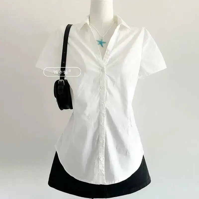 

Модная блузка в консервативном стиле с отложным воротником и v-образным вырезом с короткими рукавами, универсальная блузка Haruku, простая облегающая одежда, топы на пуговицах Y2k