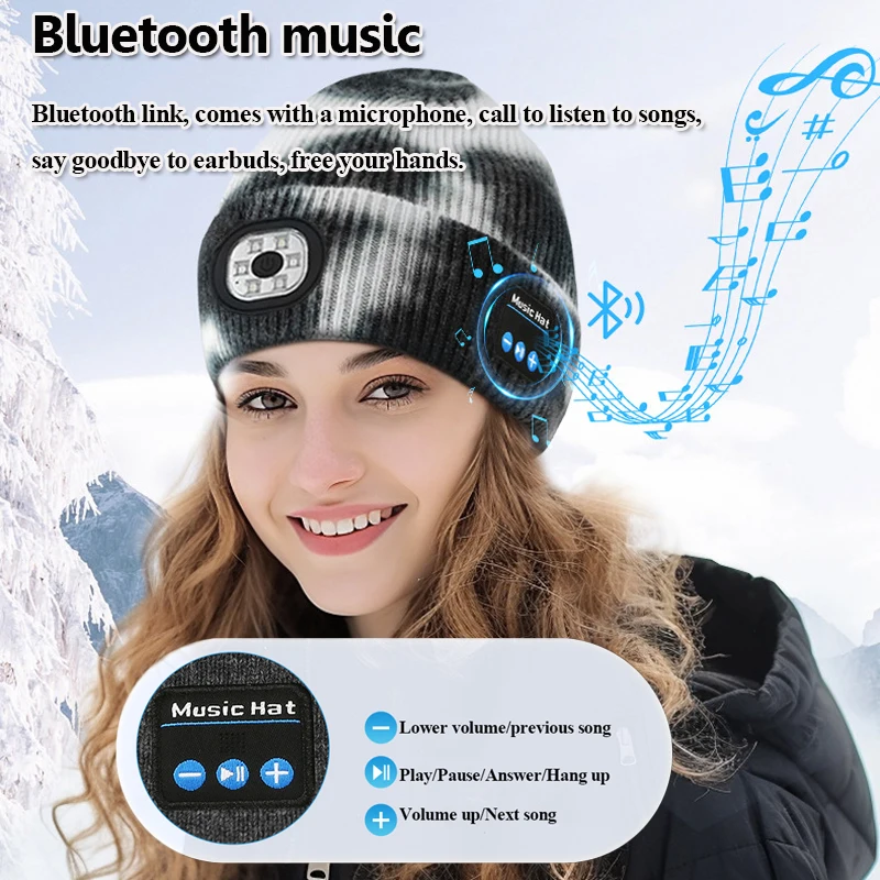 LED Bluetooth Music Headphones Outdoor Warm Stereo Music Hat Headset Washable Sports Earphones Cap with Mic Detachable LED Light