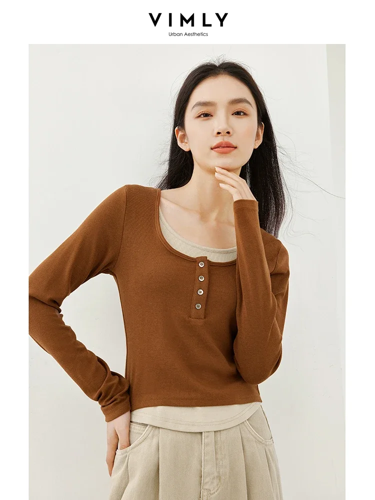 Vimly Contrast Fake 2 Piece Pullover T-shirt Female Autumn O-neck Long Sleeve Tops 2023 Fall New High Strecth Slim Tshirt M5119