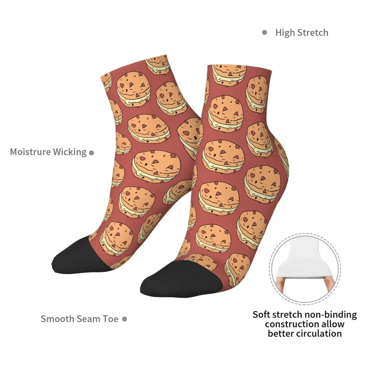 Red Background Cartoon Chocolate Cookies Cookie Ankle Socks Male Mens Women Winter Stockings Polyester