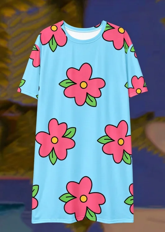 Unisex Couple Short Sleeve T-Shirt, Full 3D Cartoon Pink Floral Pattern Round Neck Loose Casual Summer Couple Tee for Men Women