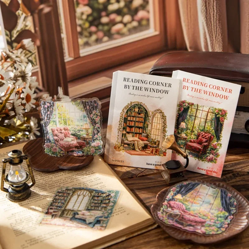 10 Pcs Light Vintage Stationery Window Reading Corner Series PET Sticker Pack Maple Leaf Rhythm Book Window View Theme 141*90mm