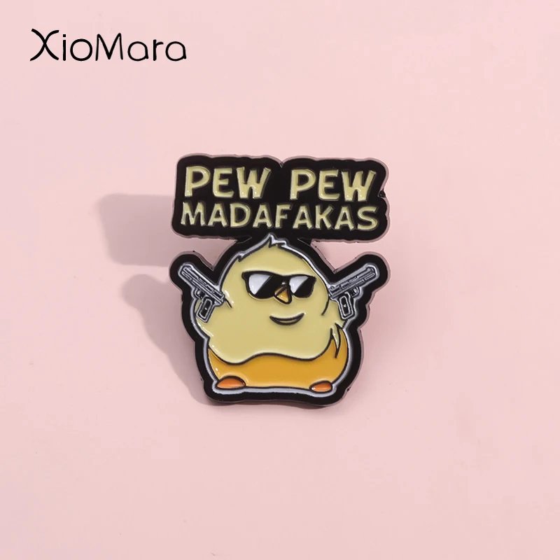 Pew Pew Madafakas Enamel Pin Creative Cute Yellow Duck With Gun Metal Brooch Lapel Backpack Badge Animal Jewelry Gift For Kids