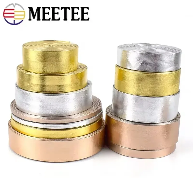 5M Meetee 5-50mm Synthetic PU Leather Ribbon Gold Silver Band for Bag Strap Clothes Decor Rope Necklace Cord DIY Craft Material