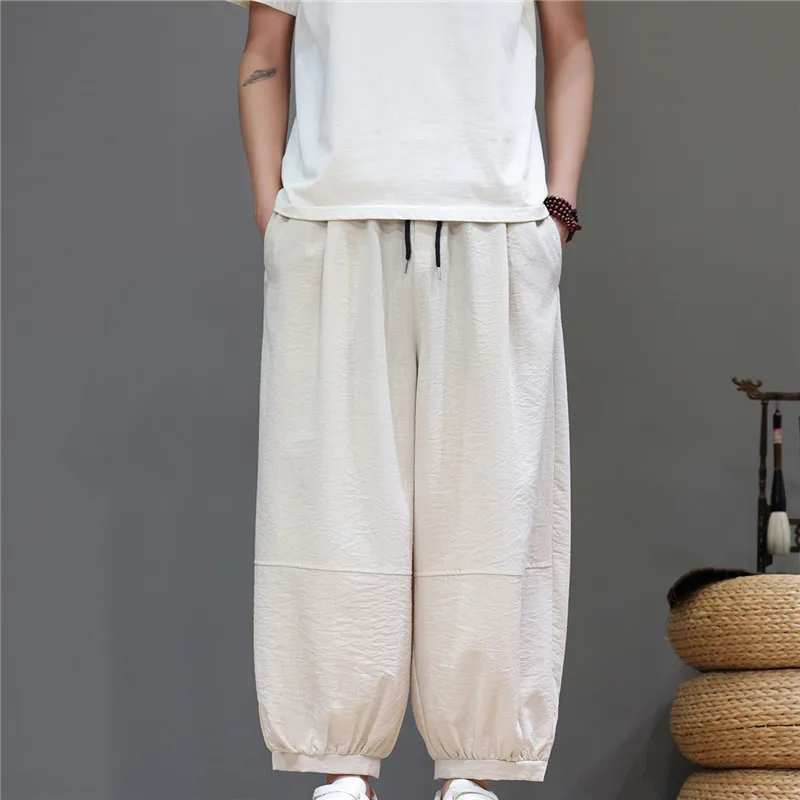 Summer Chinese Style Wide Leg Pants Men Ankle Length Trousers Casual Jogger Streetwear Male Breathable Drawstring Harem Pants