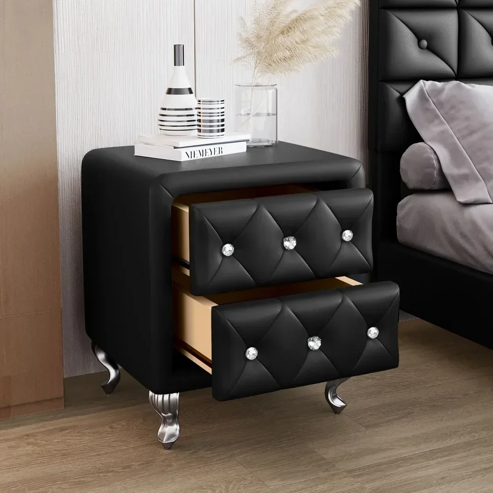 PU bedside table with 2 drawers and handles, storage bedside table with metal legs Sturdy Construction Stylish Design