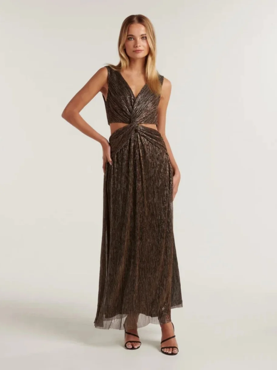 Ele iny Gold Tead Deep V Hollow Abend Dr. Langer Rock 2024, neuer Stil, luxuriöse Polyesterfaser, Damen Dr