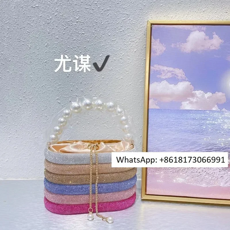 French shiny color matching rainbow basket birdcage Pearl wire satin bucket with crossbody bag in hand.
