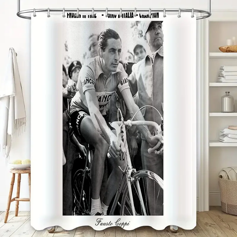 Vintage Cycling Champion Black and White Shower Curtain Sports Fan Gift Bicycle Racer Decor Artistic Wall Hanging Bathroom Set