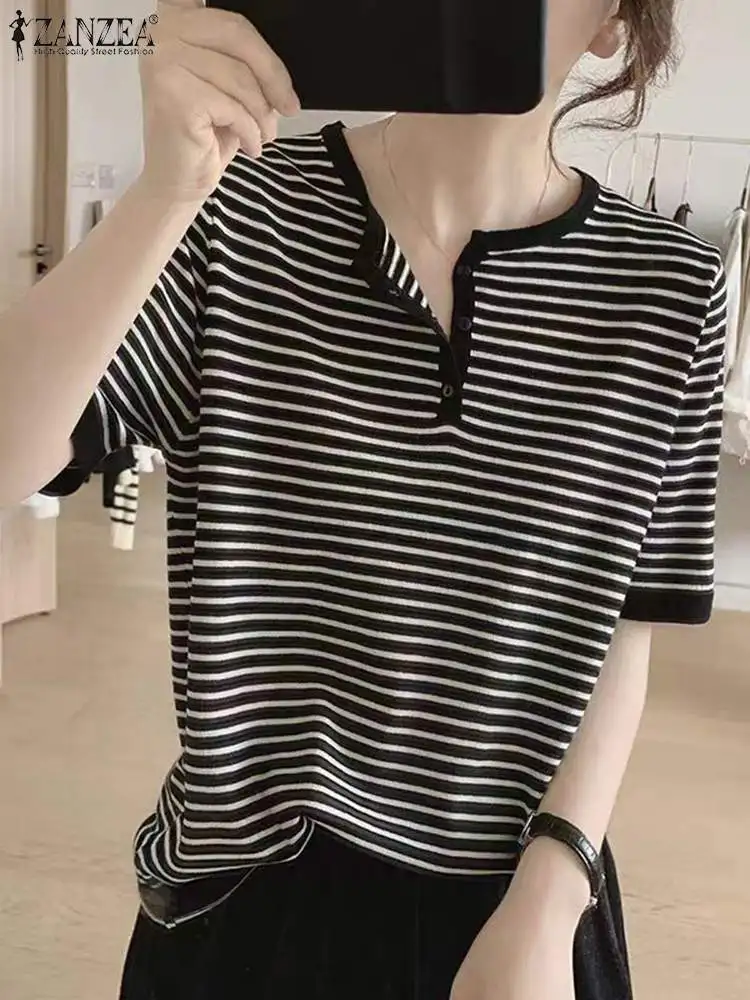 ZANZEA Casual Round Neck Short Sleeve Tee Women Korean Striped T-Shirt Summer 2024 Loose Tops Harajuku Baisc Baggy Tunic Blouse