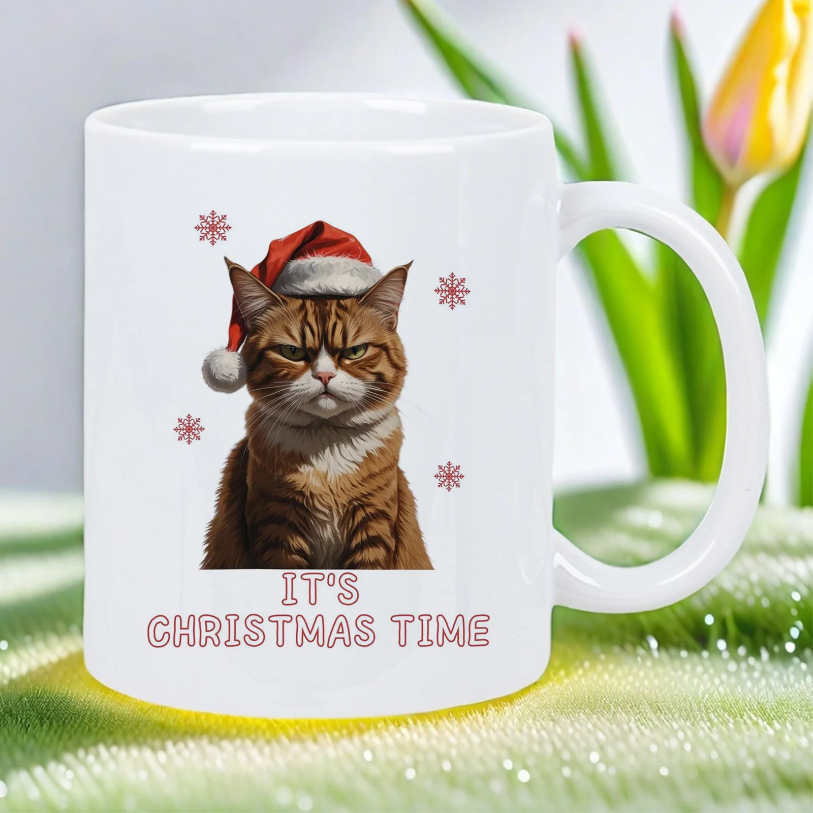 Festive Feline Ceramic Mug with Grumpy British Shorthair & Santa Hat - Tabby Design, 