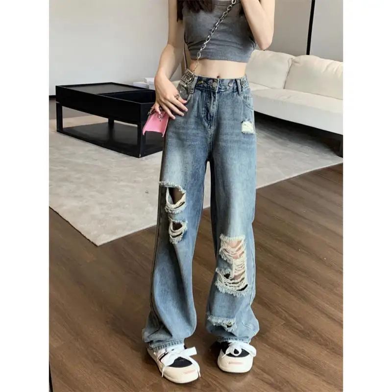 150cm Petite girls Hong Kong Style Distressed Jeans Women High Waisted Straight Tube Wide Leg And Floor Mopping Pants XS Summer