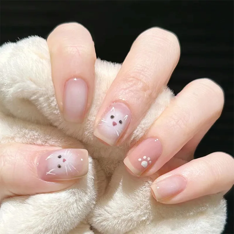

24 Pcs Korean Cartoon False Nails with Glue Presss on Nails with Tools Cat Short Square Cute Cat Removable Fake Nails Cartoon