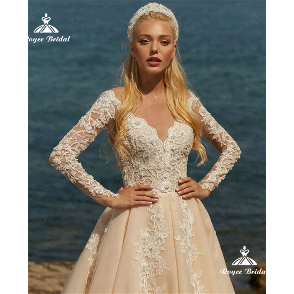 Roycebridal decote em v uma linha vestido de casamento 2025 renda tribunal trem vestido de casamento personalizado vestidos de noiva casamentorobes de soirée