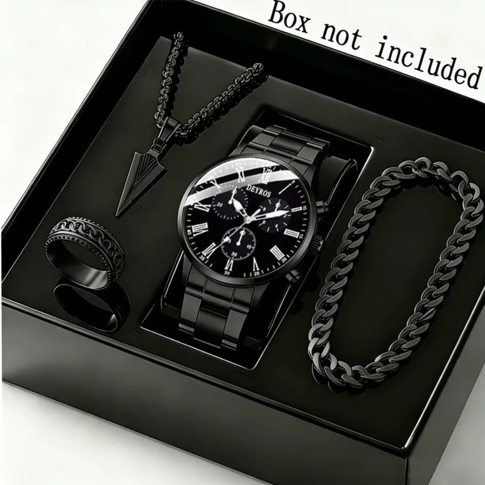 4pcs/set Men's Watch and Triangle Spearhead Necklace Set Stylish Business Quartz Watch for Men, Stainless Steel Strap