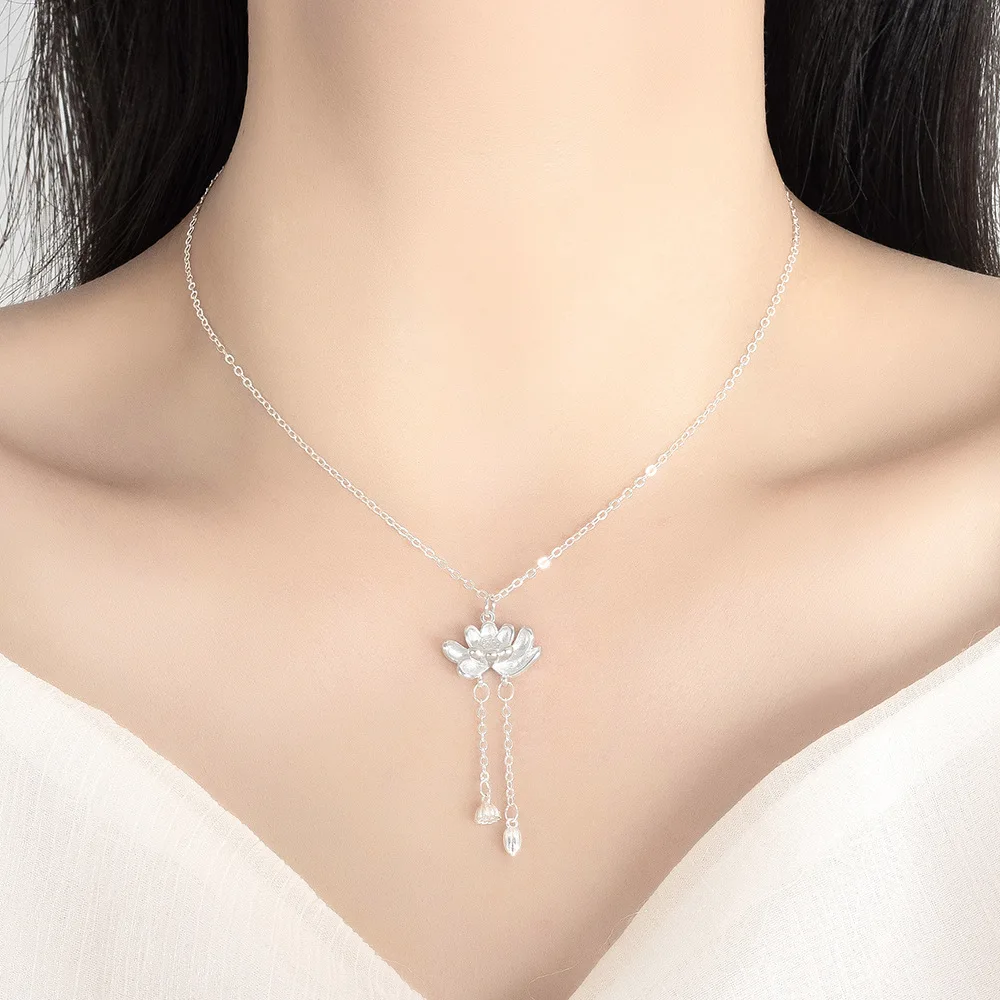 925 فضة أزياء خمر رائعة زهرة اللوتس قلادة قلادة عيد ميلاد حزب الذكرى هدية #5