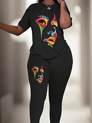 Women's Sports Outfit Set, Plus Size Abstract Figure Print Short Sleeve T-shirt Top & Medium Stretch Comfy Pants Fitness Outfit