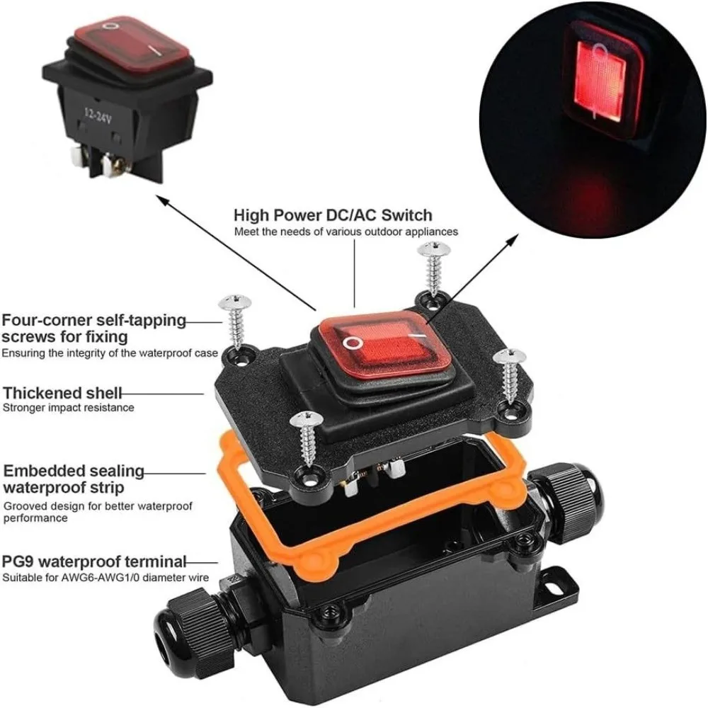 Heavy Duty 110V-220V Inline Power Cord Switch 12V-24V Waterproof Marine Rocker Switch 30A IP67 High Current Connetor