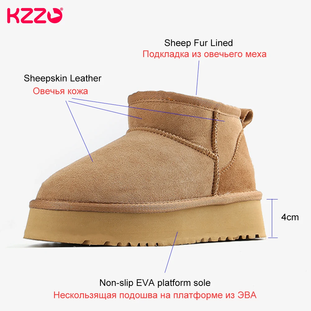 KZZO Women\'s Ultra Mini Platform Snow Boots Sheepskin Suede Leather Sheep Fur Lined Casual Thick Sole Ankle Winter Warm Shoes