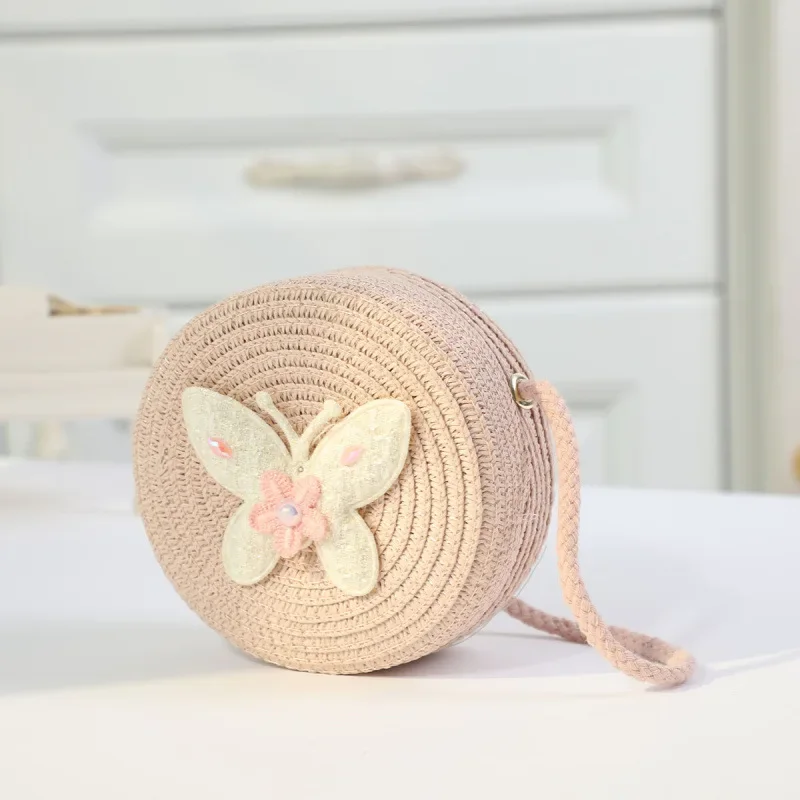 Fashion Round Woven Bow Girls Crossbody Bag Simple Baby Kids Beach Purse Clutch Casual Straw Flower Children\'s Shoulder Bags