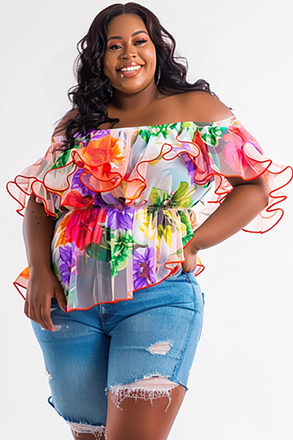 

Plus Size Vacation Multicolor Floral Off The Shoulder Petal Sleeve Short Sleeve See Through Chiffon Tops