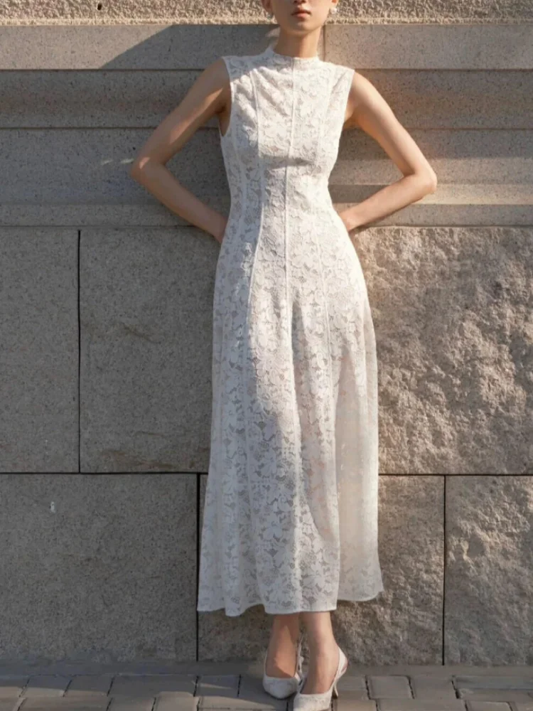 Elegant Minimalist Maxi Dress White Sleeveless Lace Women Dresses Parties Stylish Female Refined Casual Trendy Spring Wear