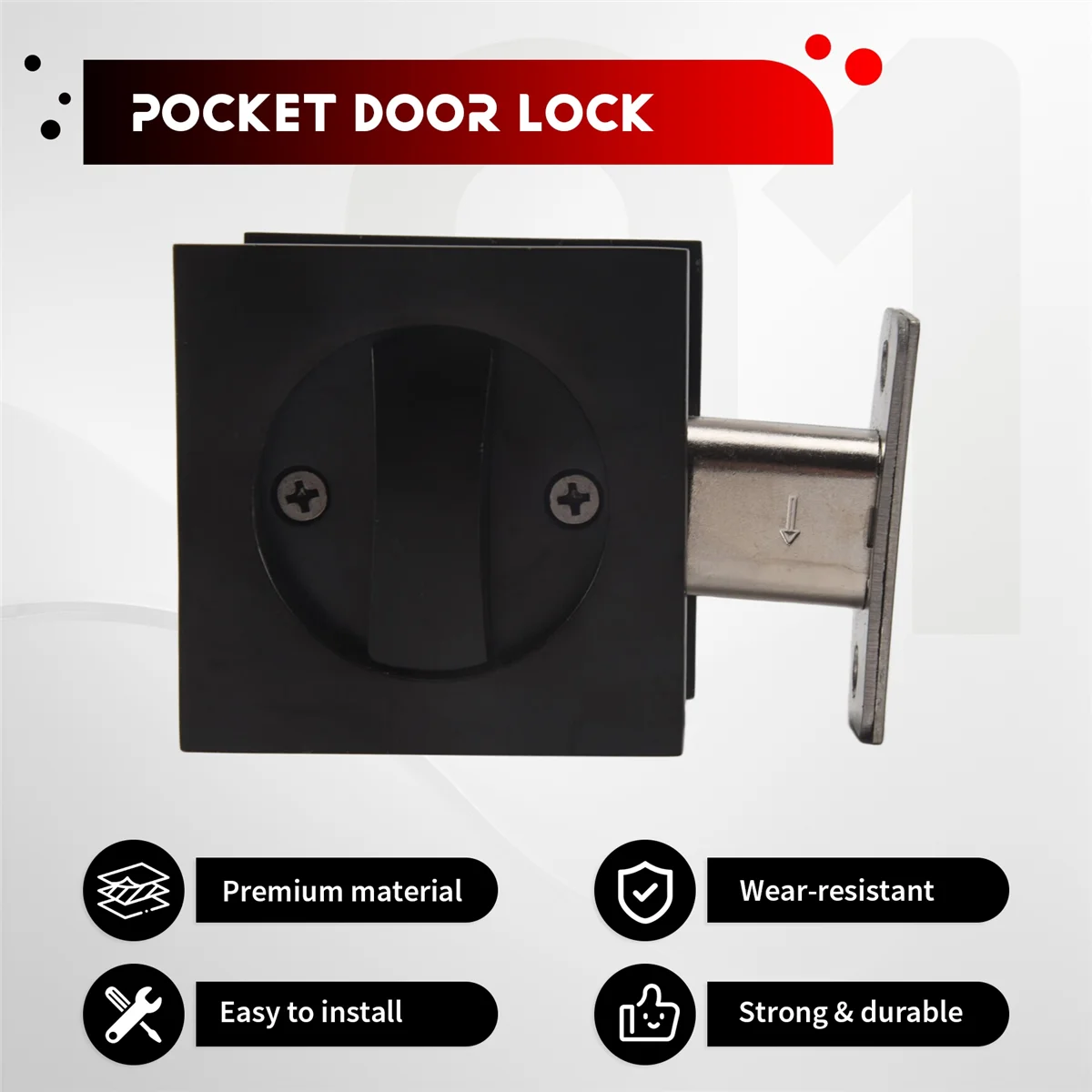 ABJY Pocket Door Lock, Matte Black Contemporary Privacy Square Pocket Door Hardware, Black Sliding Pocket Door Lock