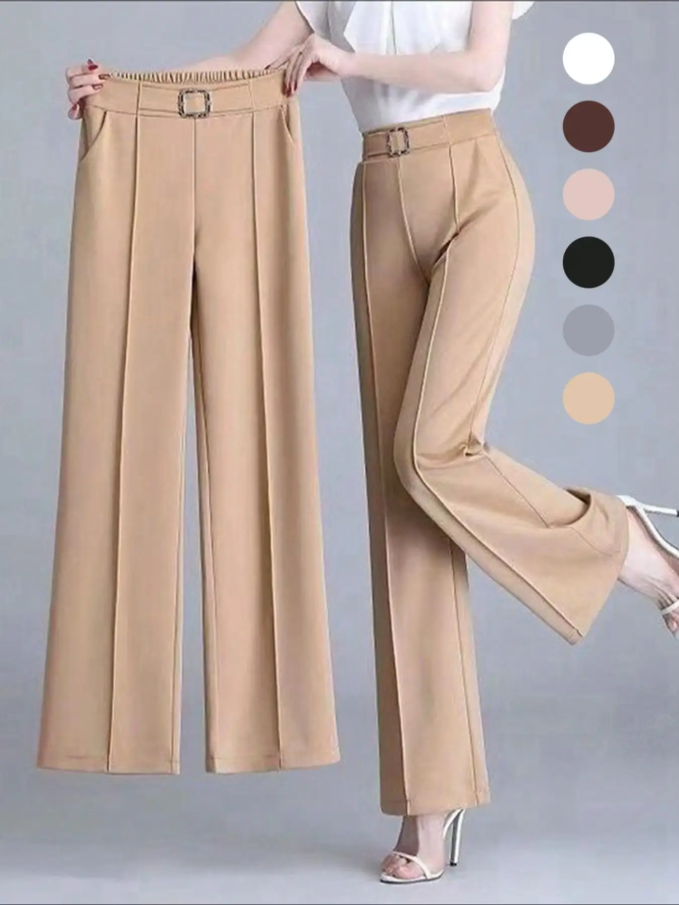 Calças Femininas Elegantes de Cor Sólida com Design Listrado em Padrão Palito, Corte Reto, Soltas, Casuais, para o Dia a Dia, Estilo Palazzo