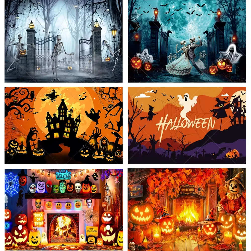 

Halloween Children's Party Backdrop Banner Pumpkin Ghost Ancient Castle Skeleton Man Flying Witch Ghost Background Supplies