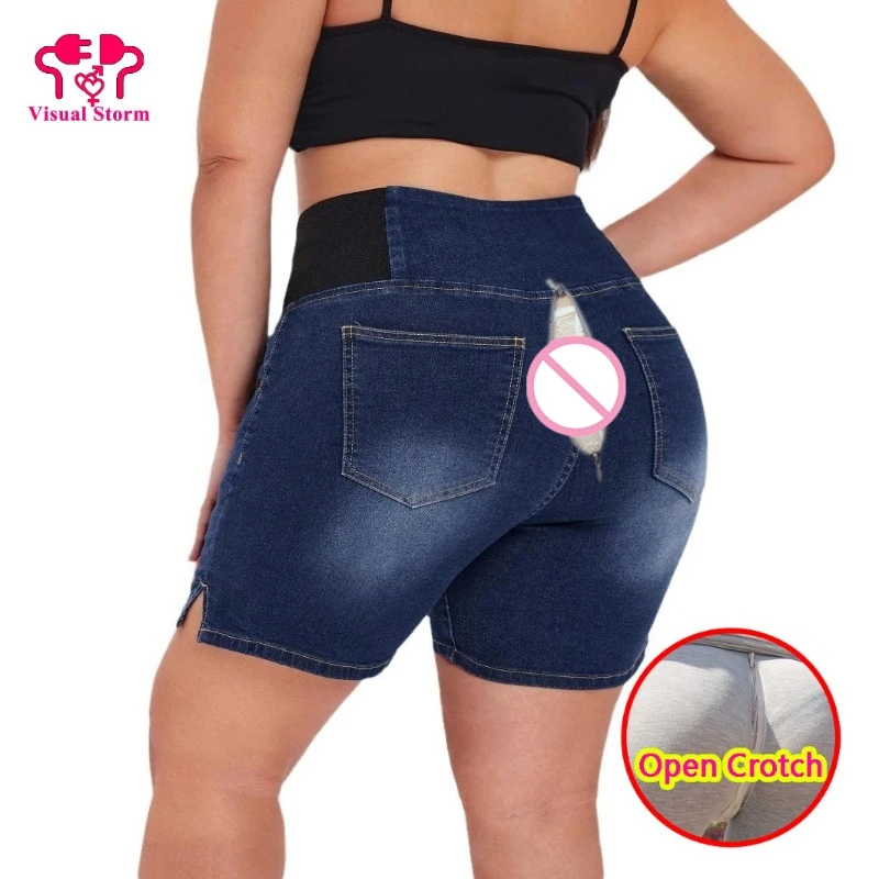 Women Open Crotch Jeans Invisible Zippers Pants  Push Up Loose Fit Knee Length Shorts with Pocket Elastic Crotchless Leggings