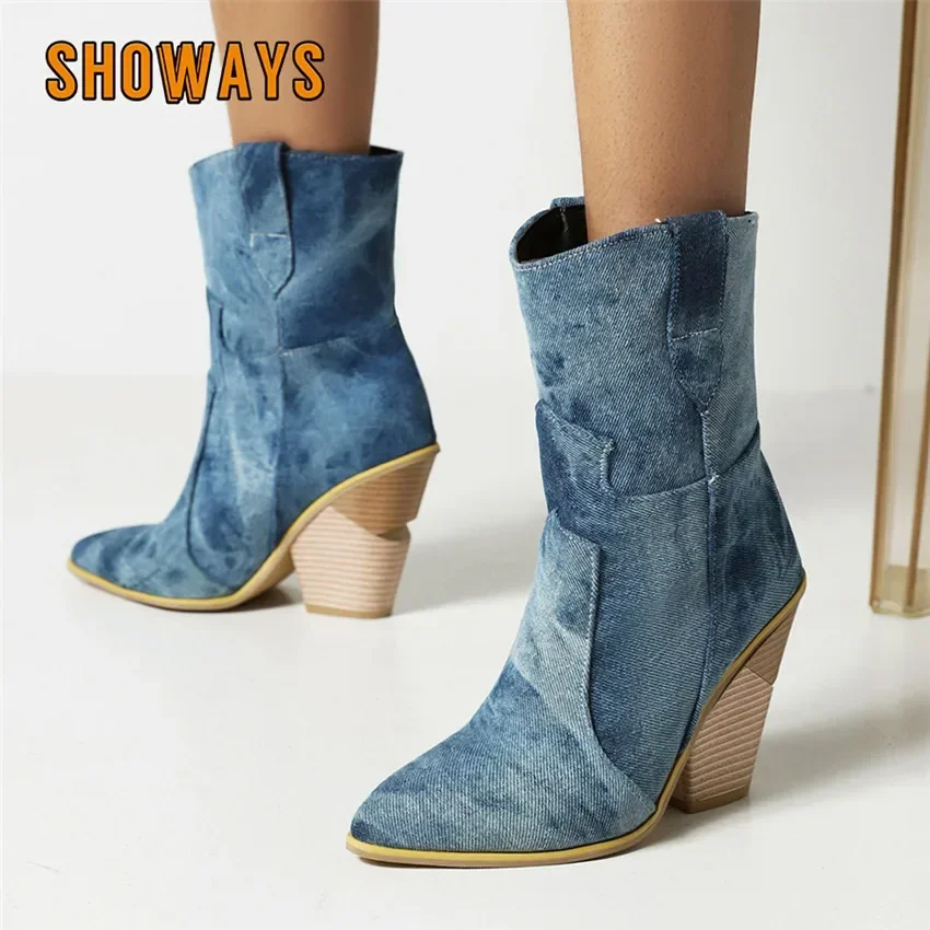 Western Denim Cowgirl Ankle Boots for Women High Wedge Heels Blue Jeans Yellow Pink Crocodile Print Lady Pointed Toe Short Boots