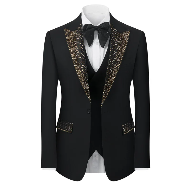 حجر الراين التلبيب 3 قطعة دعوى مجموعة (سترة + سترة + بنطلون) الأعمال الرسمية بدل غير رسمية الزفاف العريس حفلة المرحلة الرجال البدلة M-5XL #6