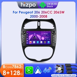 Hizpo-Sistema inteligente de Radio para coche, CarPlay inalámbrico con Android 12, sin 2 din, DVD, para Peugeot 206, 206CC, 206SW, 2000 - 2008