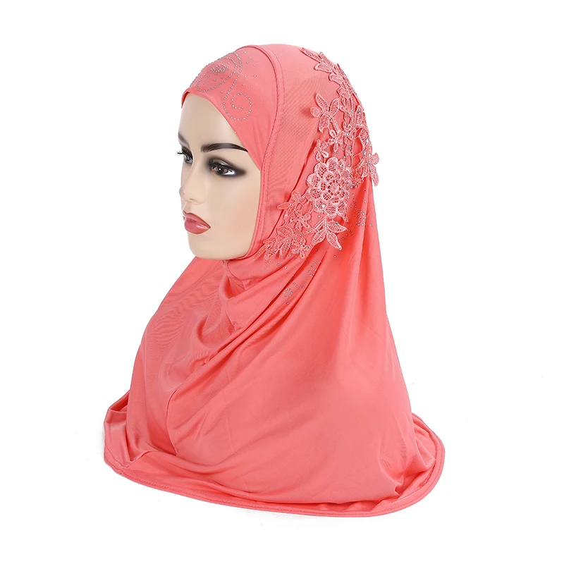 H027 beautiful big gilrs muslim hijab with lace and stones islamic scarf shawl headscarf hat armia pull on wrap ramadan gift