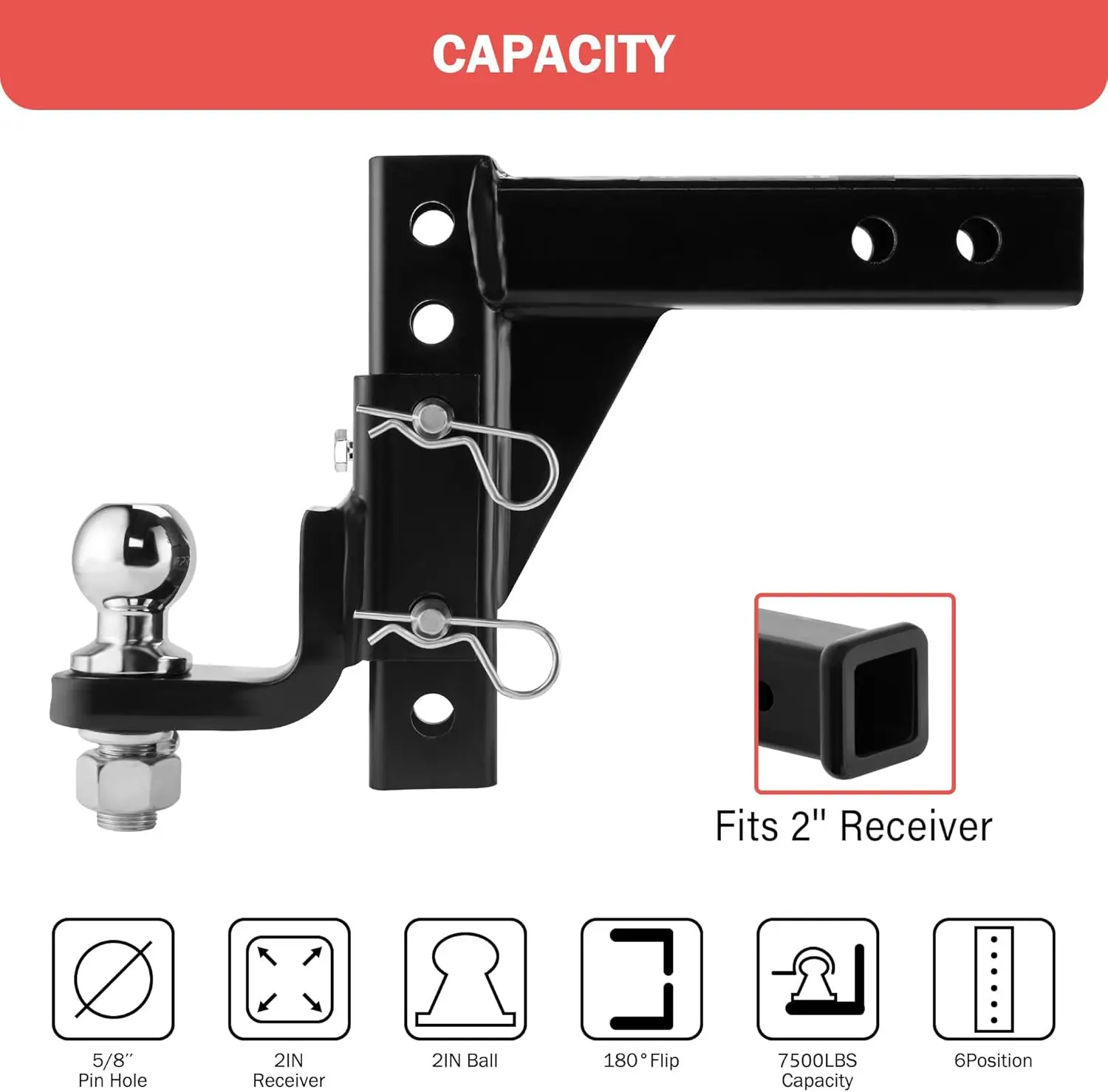 Adjustable Trailer Hitch Ball Mount Fits 2-Inch Receiver, 2