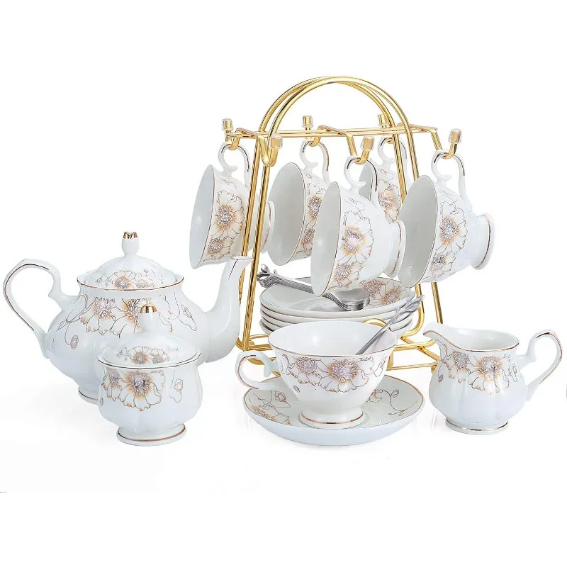 

Tea Set 22-Piece Porcelain Ceramic Coffee Tea Gift Sets Cups Saucer Service for 6 Teapot Sugar Bowl Creamer Pitcher