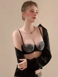 MOYISU French 1/2 AB Cups Sexy Bra Set - Black Push-Up Soft Underwire Anti-Sag Women’s Lingerie Victoria's style Luxury Seamless